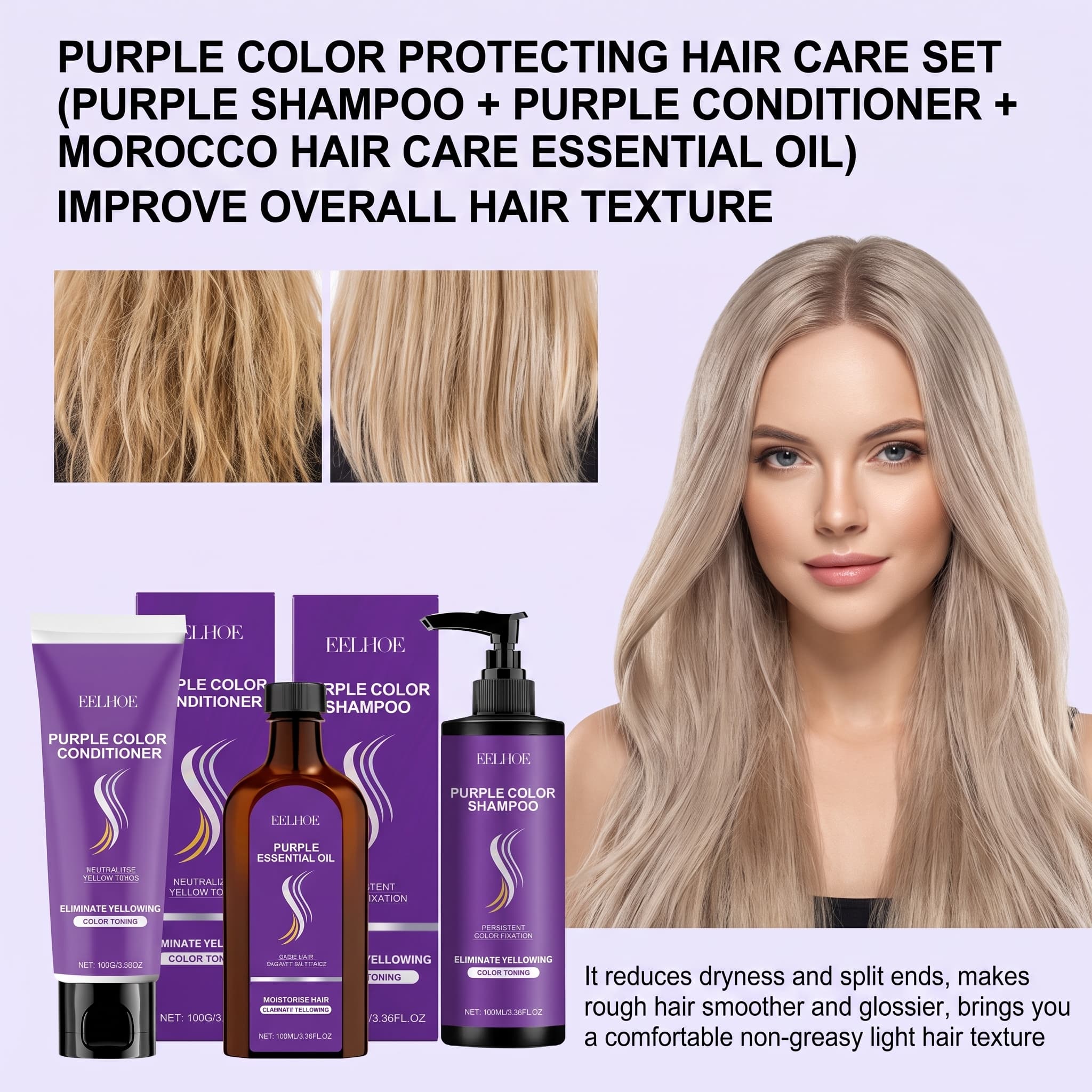 Hair Care Oil Serum - Paarse Shampoo Set met Conditioner, Haar